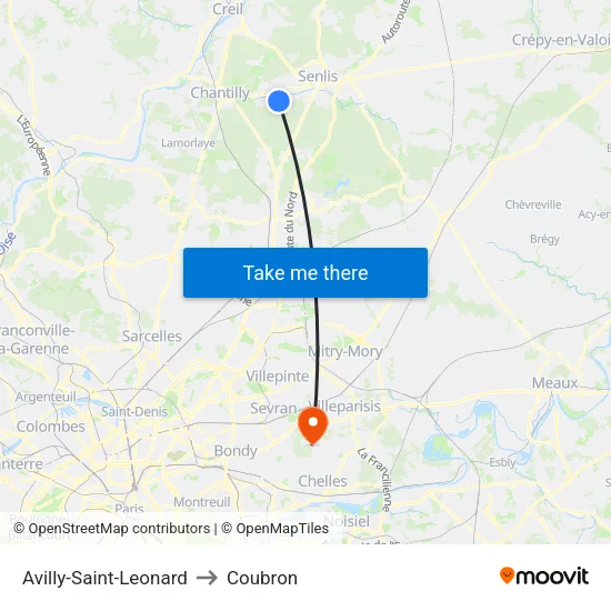 Avilly-Saint-Leonard to Coubron map
