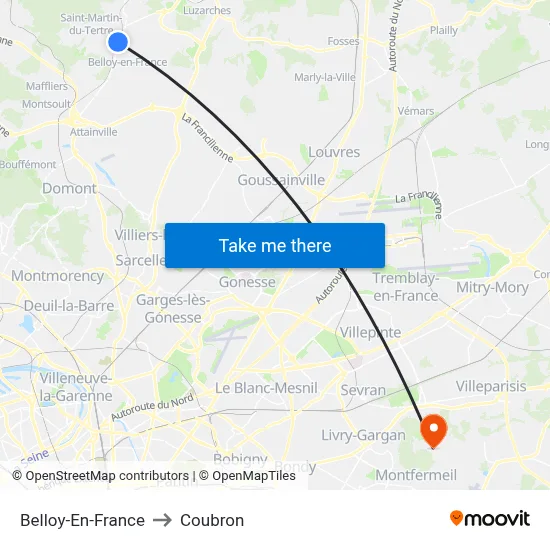 Belloy-En-France to Coubron map