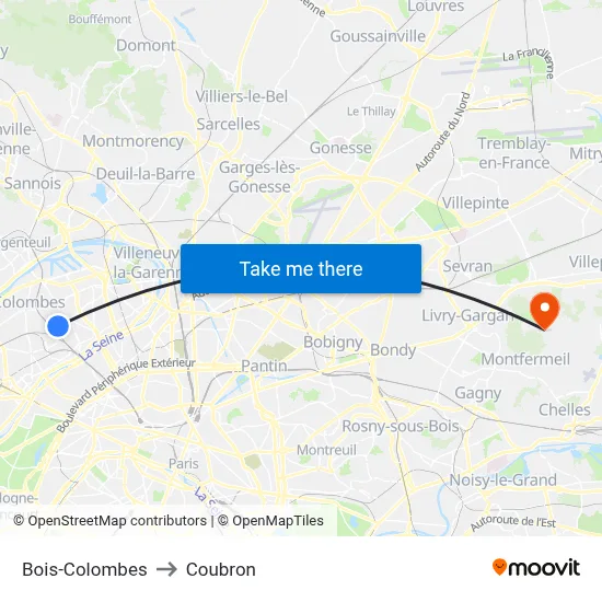 Bois-Colombes to Coubron map