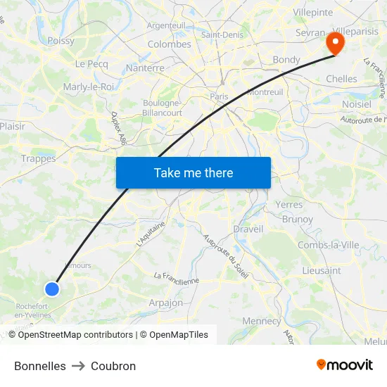 Bonnelles to Coubron map