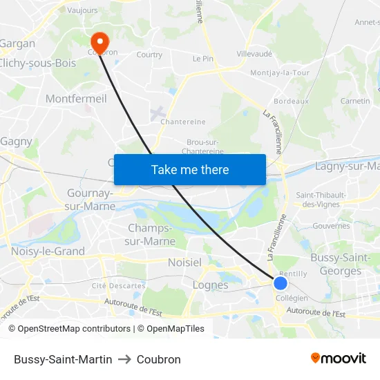 Bussy-Saint-Martin to Coubron map