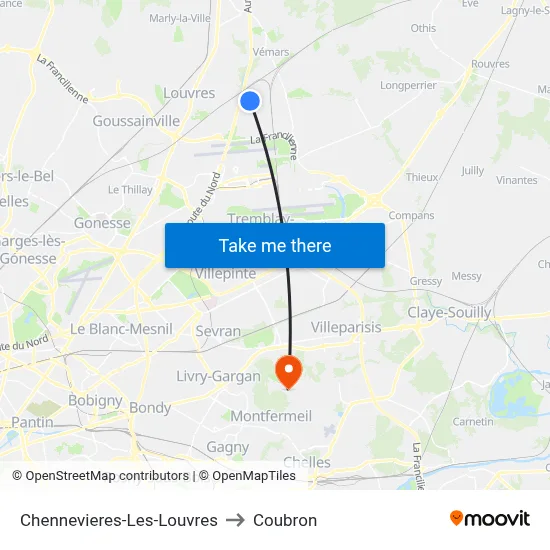 Chennevieres-Les-Louvres to Coubron map