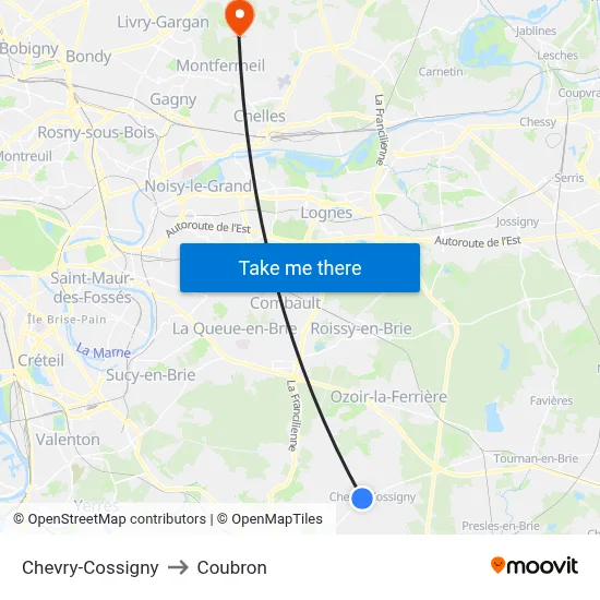 Chevry-Cossigny to Coubron map