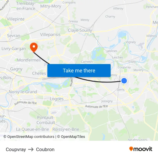 Coupvray to Coubron map