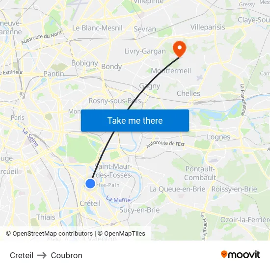 Creteil to Coubron map