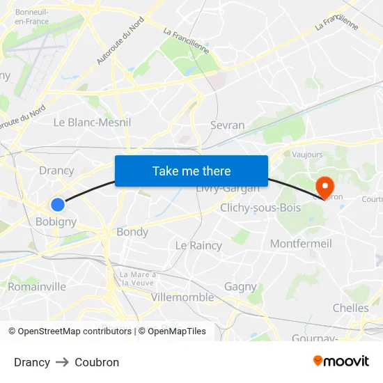 Drancy to Coubron map