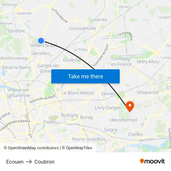 Ecouen to Coubron map