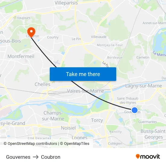 Gouvernes to Coubron map
