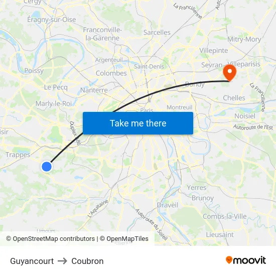 Guyancourt to Coubron map