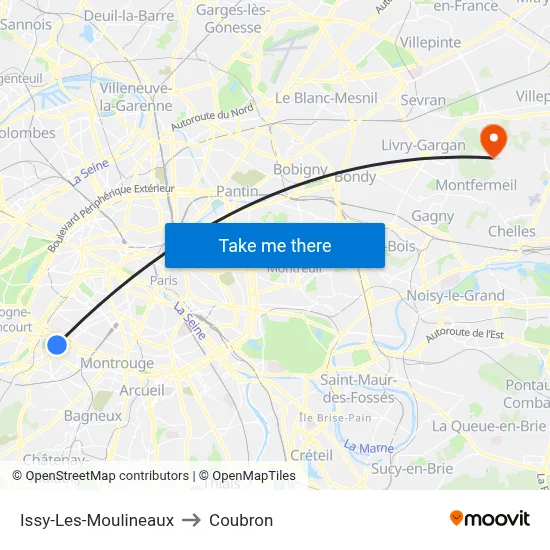 Issy-Les-Moulineaux to Coubron map
