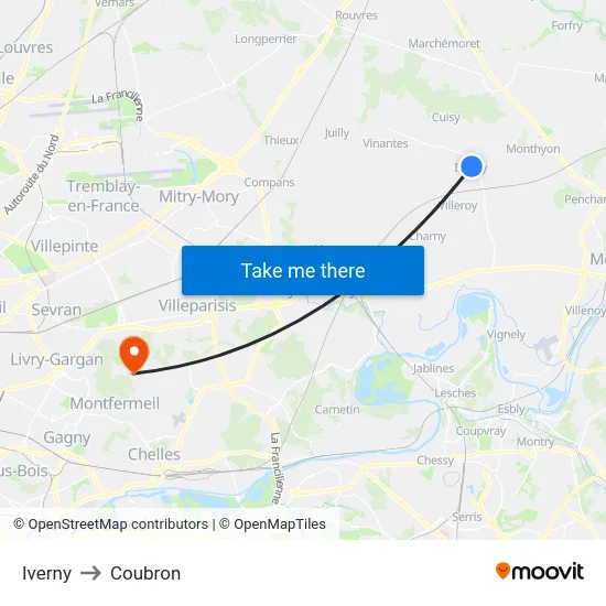 Iverny to Coubron map