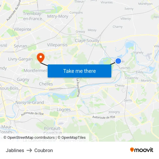 Jablines to Coubron map