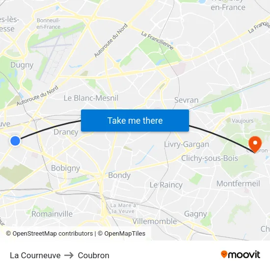 La Courneuve to Coubron map