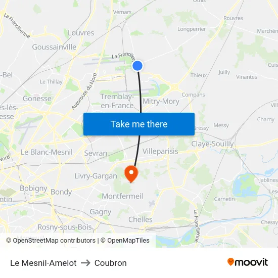 Le Mesnil-Amelot to Coubron map