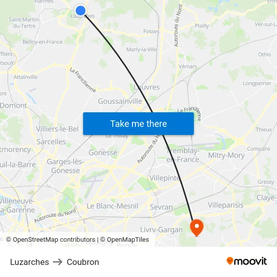 Luzarches to Coubron map