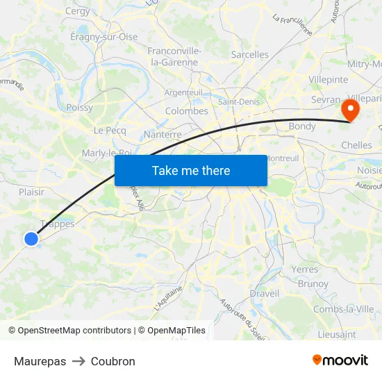 Maurepas to Coubron map