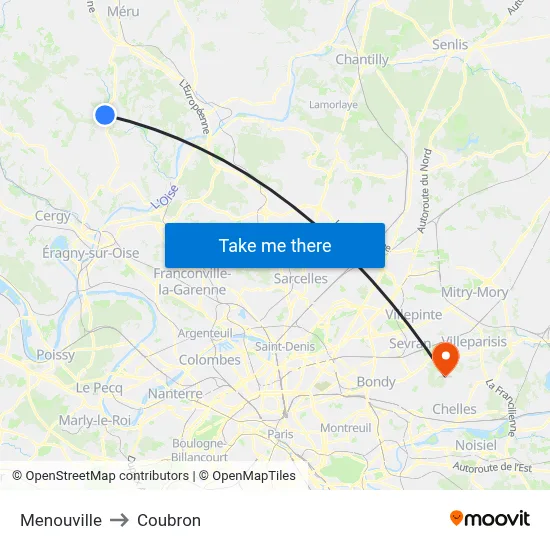 Menouville to Coubron map