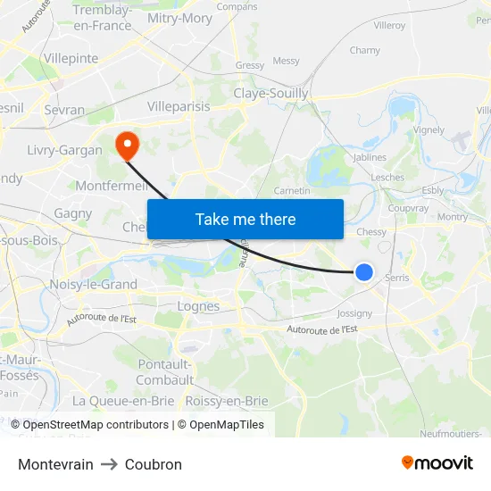 Montevrain to Coubron map