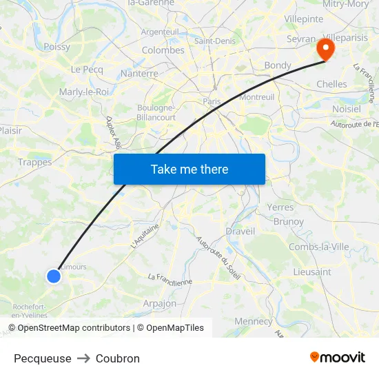 Pecqueuse to Coubron map