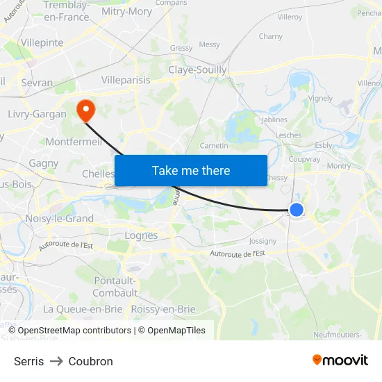 Serris to Coubron map