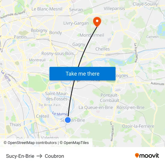 Sucy-En-Brie to Coubron map