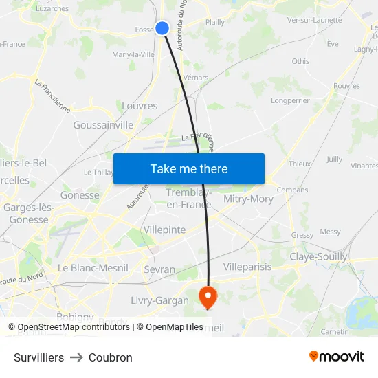 Survilliers to Coubron map