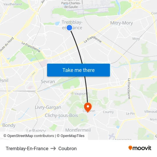 Tremblay-En-France to Coubron map