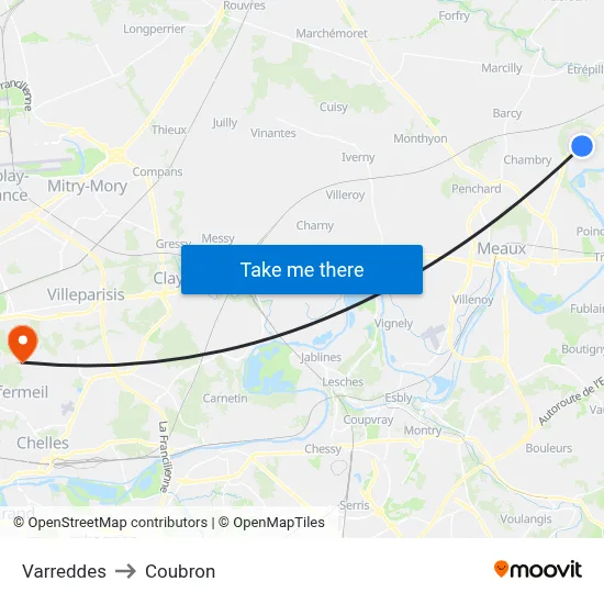 Varreddes to Coubron map