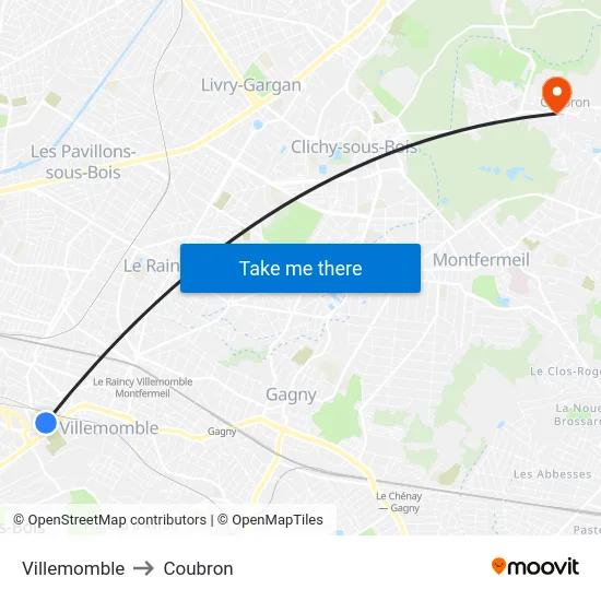 Villemomble to Coubron map