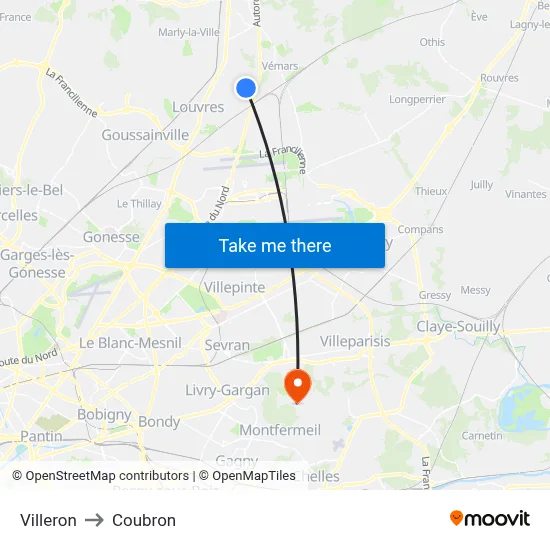 Villeron to Coubron map