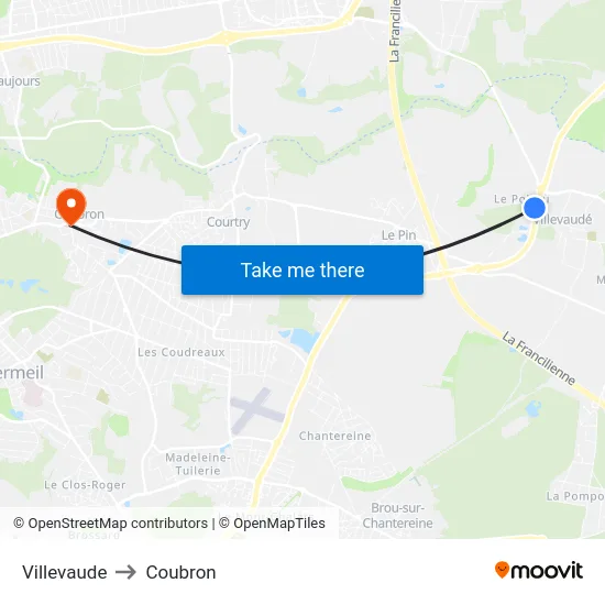Villevaude to Coubron map
