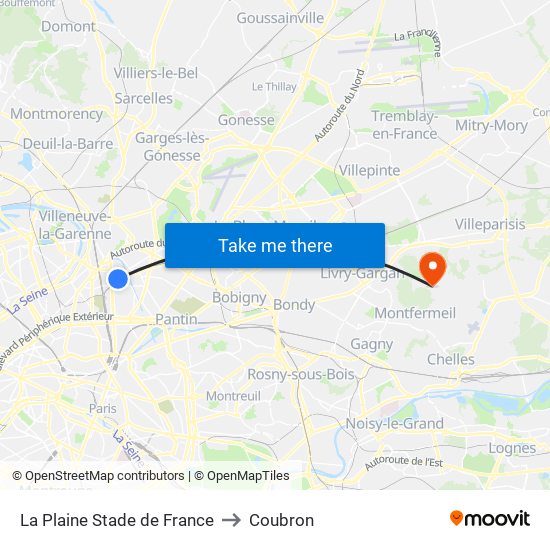 La Plaine Stade de France to Coubron map