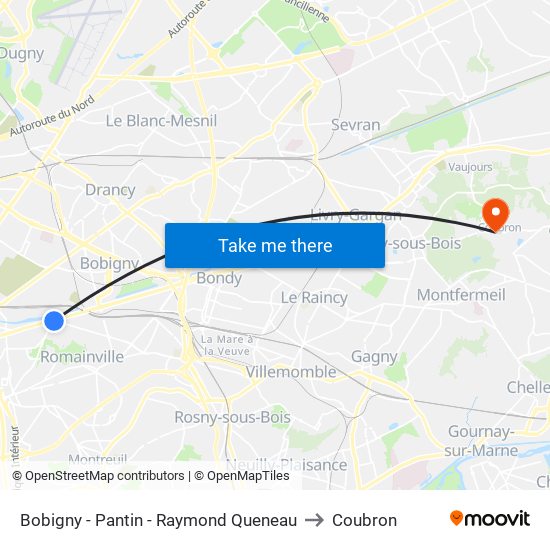 Bobigny - Pantin - Raymond Queneau to Coubron map