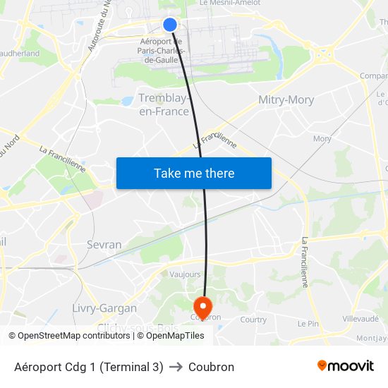 Aéroport Cdg 1 (Terminal 3) to Coubron map