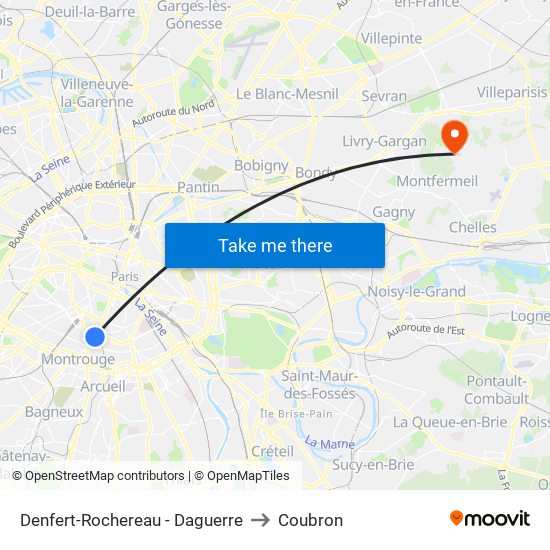 Denfert-Rochereau - Daguerre to Coubron map