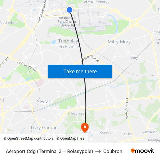 Aéroport Cdg (Terminal 3 – Roissypôle) to Coubron map