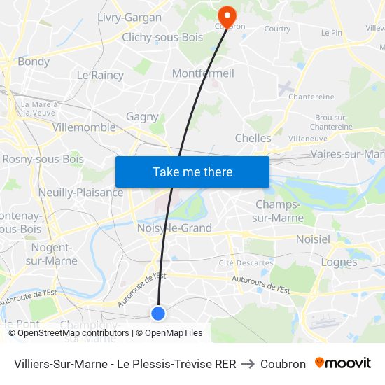 Villiers-Sur-Marne - Le Plessis-Trévise RER to Coubron map