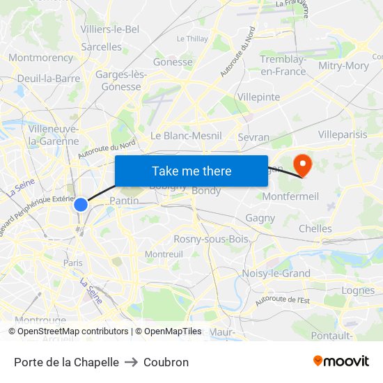 Porte de la Chapelle to Coubron map