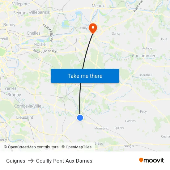 Guignes to Couilly-Pont-Aux-Dames map
