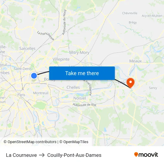 La Courneuve to Couilly-Pont-Aux-Dames map