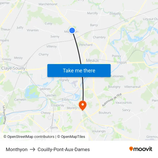 Monthyon to Couilly-Pont-Aux-Dames map