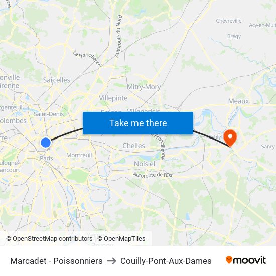 Marcadet - Poissonniers to Couilly-Pont-Aux-Dames map