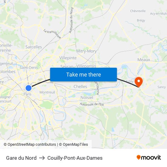 Gare du Nord to Couilly-Pont-Aux-Dames map