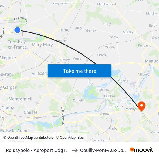 Roissypole - Aéroport Cdg1 (D3) to Couilly-Pont-Aux-Dames map