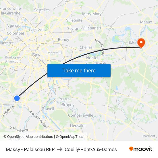 Massy - Palaiseau RER to Couilly-Pont-Aux-Dames map