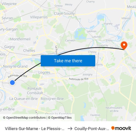 Villiers-Sur-Marne - Le Plessis-Trévise RER to Couilly-Pont-Aux-Dames map