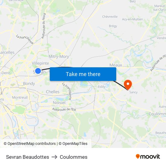Sevran Beaudottes to Coulommes map