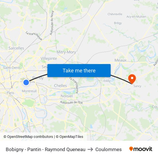Bobigny - Pantin - Raymond Queneau to Coulommes map