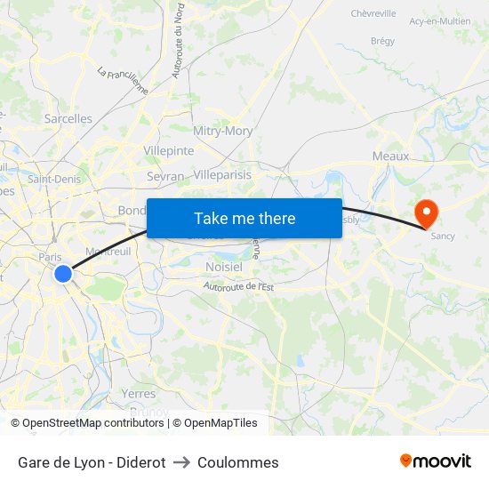Gare de Lyon - Diderot to Coulommes map