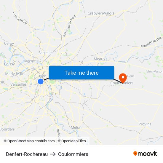 Denfert-Rochereau to Coulommiers map